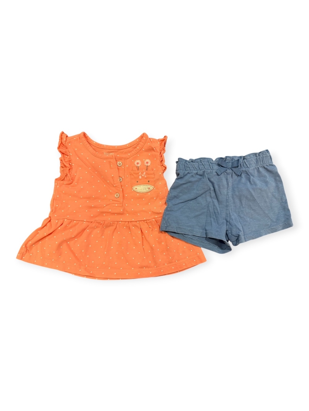 Carter's Girl 2-Piece Outfit Set, Size 6M, Orange Polka Dot Top with Blue Shorts